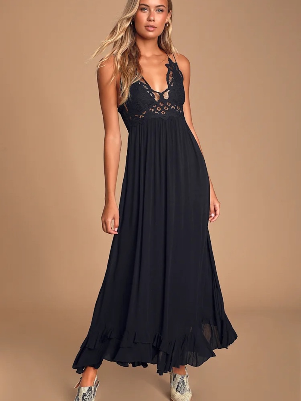 Free People Black Lace Maxi Dress with Ruffle Hem
